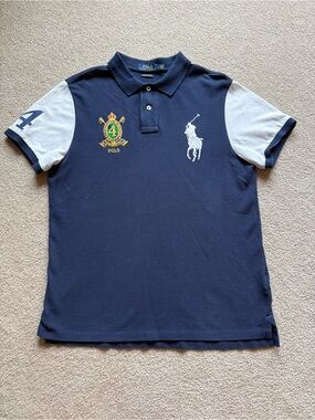 Ralph Lauren Navy Polo with White Sleeves & Crest